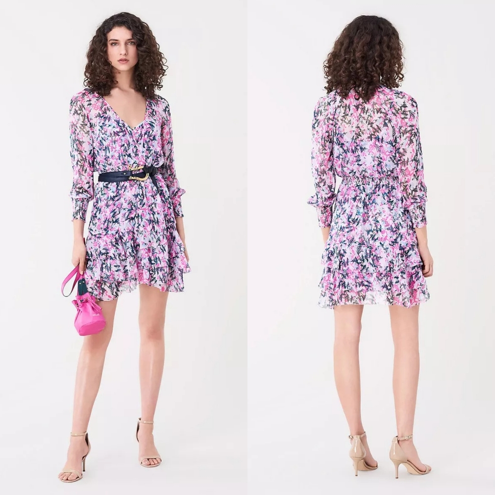 DIANE VON FURSTENBERG Kelby Floral Silk Mini Tiered Ruffle Pink Dress Size XS - Picture 16 of 17